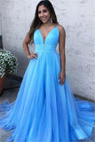 Niulatu V-Neck Tulle Blue Prom Dress Sleeveless HZ1007