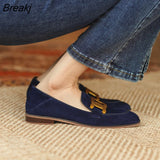 Niulatu Metal Buckle Loafers Women's English Style High Heel Flat Single Shoes Ladies Dress Shoes Faux Suede Low DJSE