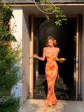 Niulatu Sheath Spaghetti Straps Orange Print Floral Satin Long Prom Dress Outfits HZ0113