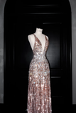 Niulatu Deep V Sequin Backless Long Evening Dress Formal Prom Dress HZ1007