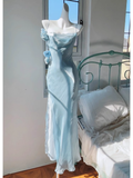 Niulatu Sheath Spaghetti Straps Light Sky Blue Flower Long Prom Dresses Birthday Outfits SD511