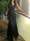Niulatu Black Tulle Beaded Mermaid Evening Dress Formal Prom Dress HZ1007