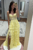 Sweetheart Yellow Lace Tiered Ruffle Prom HZ0308