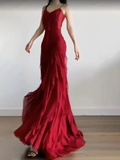 Niulatu Sheath Spaghetti Straps Burgundy Chiffon Long Ruffles Party Dresses Birthday Dress SD580