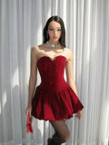 Niulatu A Line Strapless Burgundy Velvet Ruffles Vacation Dresses Short Birthday Outfits SD336