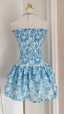 Niulatu A line Strapless Sleeveless Blue Floral Party Dress Short Birthday Outfits SD380