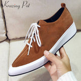 Niulatu Kid Suede Thick Bottom Lace Up Loafers Spring Casual Shoes Pointed Toe British Style Platform Women Vulcanized Shoes DJSE
