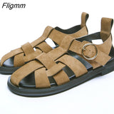 Niulatu Shoes Women Genuine Leather Gladiator Sandals Round Toe Flats Buckle Fashion Ladies Footwear Summer Khaki Big Size 43 DJSE