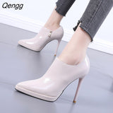 Niulatu Women Boots PU 10CM Thin High Heels Pointed Toe Side Zipper Street Style British Style Solid Office Career Women Shoes DJSE