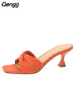Niulatu Slippers Women Summer Shoes Slides Low Fashion Heeled Mules Pantofle Luxury High 2025 Basic Retro Fabric Rubber Sewin DJSE