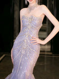 Niulatu Mermaid Off The Shoulder Blue Tulle Silver Beads Long Prom Dresses Formal Evening Dress SD1498