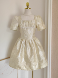 Niulatu A line Short Sleeves Satin Gold Floral Cocktail Dress Short Birthday Outfits SD401