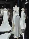 Niulatu Mermaid Strapless White Satin Long Wedding Dresses With Ruffles HZ1110