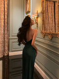 Sexy Sheath Straps Dark Green Satin Sleeveless Prom Dresses Party Dress Summer Birthday Outfits 20th Birthday Dresses HZ1214