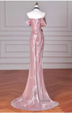 Niulatu Mermaid Off Shoulder Long Prom Dress Pink Birthday Evening Dress HZ1007