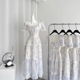 Niulatu A line Strapless Short Sleeves Blue Floral Dress Long Holiday Dresses SD316