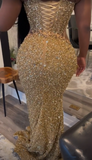 Niulatu Gold Sequins Appliques Evening Dress Mermaid Prom Dress HZ1007