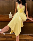 Niulatu V Neck Yellow Sequins Sheath Prom Evening Dress With Flowers HZ1007