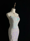 Niulatu White Spaghetti Straps Sequins Prom Dress Mermaid Slit Tassel Evening Dress HZ1007