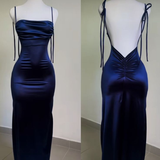 Niulatu Sheath Spaghetti Straps Backless Navy Blue Satin Prom Dress Evening Dress HZ0113