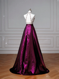 Niulatu Halter Purple Beaded Satin A Line Prom Dress Long Evening Dress HZ1007