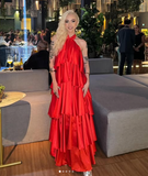 Niulatu Halter Red Satin Tiered Prom Dress Formal Long Evening Dress HZ1007
