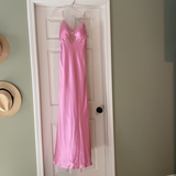 Niulatu Pink Spaghetti Straps Satin Beaded Evening Dress Long Prom Dress HZ1007
