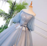 Niulatu blue tulle lace long prom dress blue evening dress HZ1007