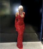 Niulatu Girl Sexy Halter Sequin Red Prom Dress Long Mermaid Evening Dress HZ1007