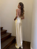 Niulatu Yellow Sheath Spaghetti Strap Satin Open Back Prom Dress Party Dress HZ0113
