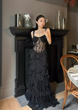 Niulatu Black Sheath Straps Lace Chiffon Long Prom Dress Evening Dress HZ0113