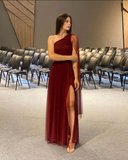 Niulatu Burgundy One Shoulder Tulle Sequins Evening Gown Slit Prom Dress HZ1007