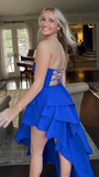 Niulatu Royal Blue Long Prom Dress Strapless Ruffle Layered Party Evening Gown HZ1007