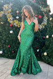 Niulatu V-Neck Green Long Mermaid Prom Dress Green Evening Dress HZ1007