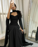 Niulatu High Neck Sweetheart Neckline Floor Length Black Crepe Long Evening Dress HZ1007