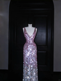 Niulatu Pink V Neck Sequins Long Prom Dress Evening Dress HZ1007