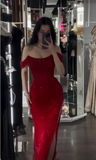 Niulatu Off Shoulder Sequins Red Prom Dress Evening Dress With Side Slit HZ1007