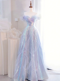 Niulatu Off Shoulder Sequin Tulle Long Prom Dress Purple Formal Evening Dresses HZ1007