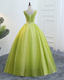 Niulatu Green Tulle V Neck Long Lace Up Senior Prom Dress With Applique HZ0113