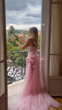 Niulatu Pink Strapless High Slit Flower Prom Dress HZ0113