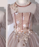 Niulatu tulle lace long prom dress pink lace prom gown HZ1110