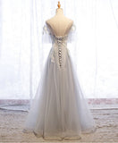 Niulatu round neck tulle lace long prom dress gray tulle formal dress HZ1110