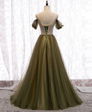 Niulatu green v neck tulle long prom dress green evening dress HZ1110