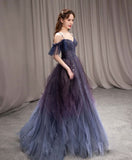 Niulatu starry sky purple tulle long prom dress purple evening dress HZ1110