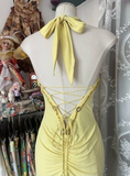 Niulatu Yellow Mermaid Halter Neck Sequin Diamond Long Prom Dress Backless Slit Evening Dress HZ1007