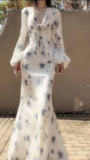 Niulatu Ice Blue Rose Chiffon Print Floral Prom Dress Long Mermaid Evening Dress HZ1007