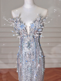 Niulatu Silver Sequin 3D Beaded Mermaid Evening Dress Long Prom Dress With Bow HZ1007