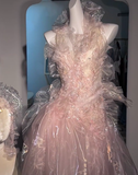 Niulatu Pink Tulle Beaded Prom Dress Long Backless Evening Dress HZ1007