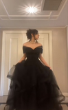 Niulatu Off The Shoulder Tulle Long Prom Dress Black Formal Graduation Evening Dress HZ1007