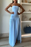 Niulatu Strapless Blue Pleated Slit Evening Dress Formal Prom Dress HZ1007